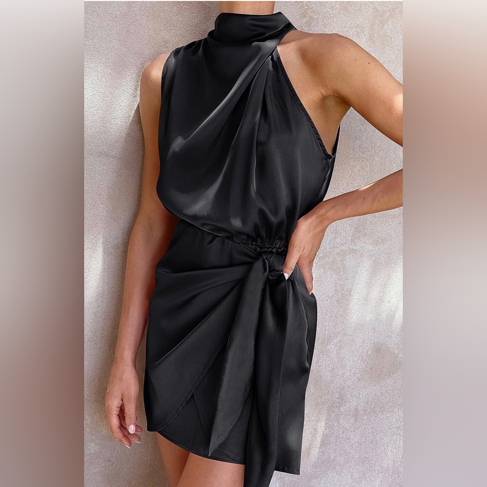 NWT Black Satin Cocktail Dress With High Neck
